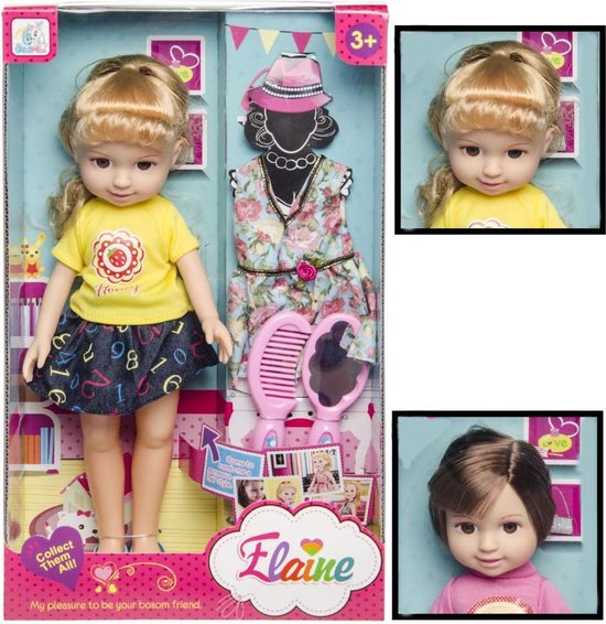 Speelgoed Pop "ELAINE" met extra Jurk en accessoires: kam & Spiegel - Tienerpop - Babypop - Pop voor Meisjes - Afm Doos: 22X36X9 Cm van Eddy Toys
