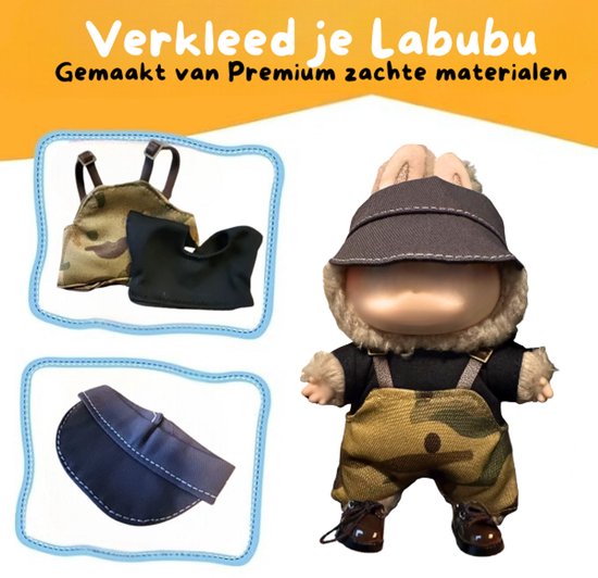 Stoer Militair Camouflage Visserspak Kleding – Met Laarsjes en Petje – Cool Outdoor Outfit Accessoire Geschikt voor Labubu (Pop Niet Inbegrepen) van Merkloos