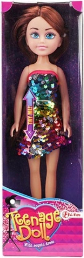 Tienerpop 33cm in pailletenjurk (BRUIN HAAR) van Toi-Toys
