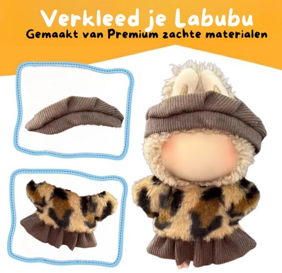 Tijgerprint Truitje Kleding – Met Bruin Rokje en Bruin Mutsje – Stoer & Schattig Outfit Accessoire Geschikt voor Labubu (Pop Niet Inbegrepen) van Firefly