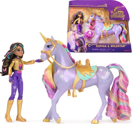 Unicorn Academy – Pop Sophia & Eenhoorn Wildstar - met 2 rijaccessoires en borstel - Speelfigurenset van Mattel