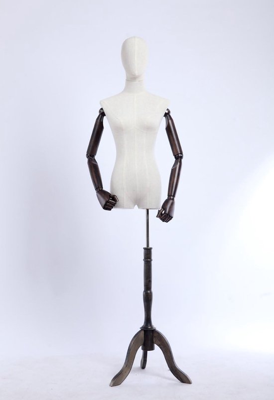 Verstelbare vrouwelijke buste paspop met linnen bekleding en houten armen van Costura