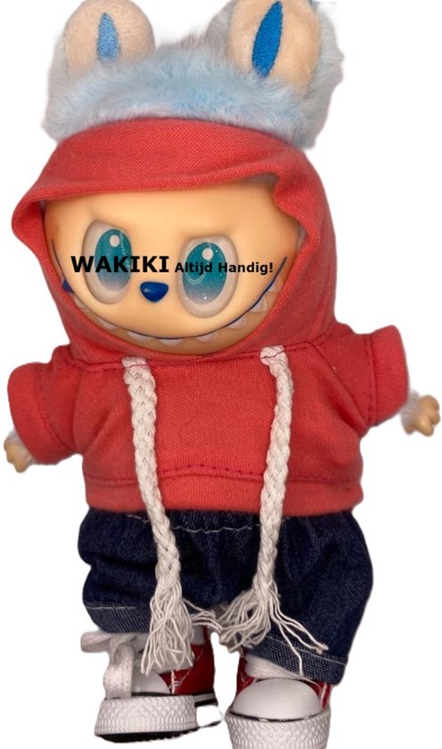 Wakiki - Altijd Handig! - geschikt voor Labubu Pop Mart Pop - Kleding Set - 3-delig Outfitje met Rode Sweater, Spijkerbroekje en Rode Sneakers - Pop Accessoires van Merkloos