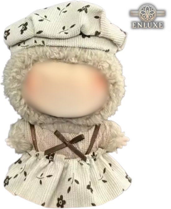 Wit Rokje Kleding – Met Lichtbruin Puffy Sweatertje en Wit Mutsje met Bruine Details – Chic & Cute Outfit Accessoire Geschikt voor Labubu (Pop Niet Inbegrepen) van Merkloos