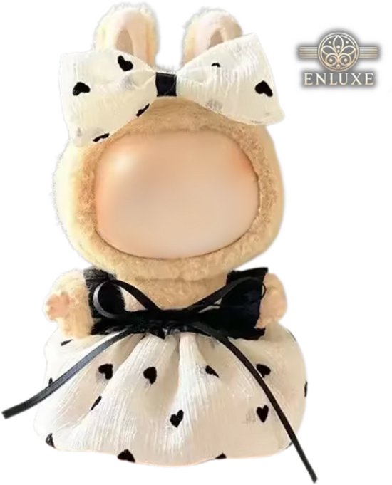 Wit Zwart Gestippeld Jurkje Kleding – Met Strikje – Cute Outfit Accessoire Geschikt voor Labubu (Pop Niet Inbegrepen) van Merkloos