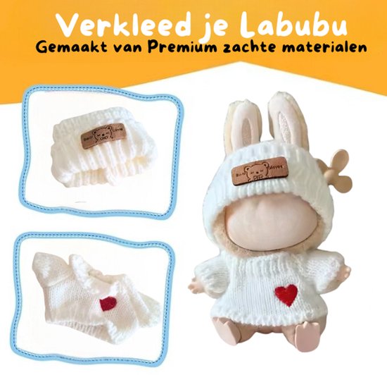 Witte Zachte Muts en Sweater Kleding – Met Hartje op Trui en Borduursel op Muts – Cozy Cute Outfit Accessoire Geschikt voor Labubu (Pop Niet Inbegrepen) van Merkloos