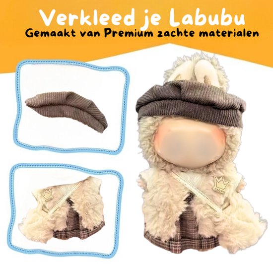 Wollen Truitje Kleding - Met Bruin Geruit Jurkje en Bruin Mutsje - Cozy Cute Outfit Accessoire Geschikt voor Labubu (Pop Niet Inbegrepen) van Merkloos