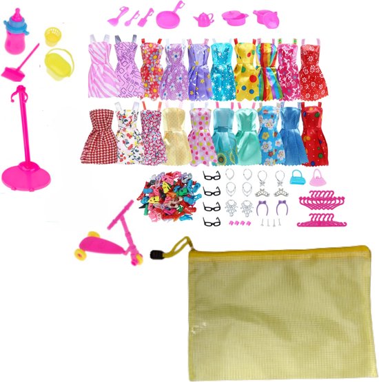 XXL Set Kleding & Accessoires voor Modepop Past ook de Bekende Modepoppen zoals Barbie met Handige Opbergetui - 120 Delig Poppenkleding + handige Opbergtas met rits - Kleertjes - Poppenkleertjes van CityGoods