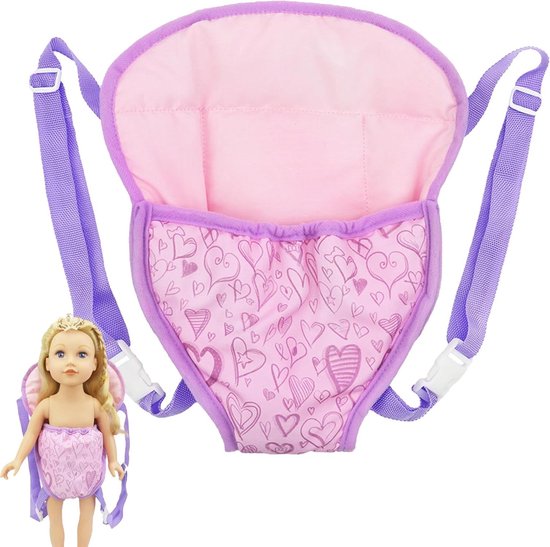 Zachte Katoenen Baby Pop Draagzak voor 18 Inch Poppen - Verstelbare Bandjes - Opbergtas Rugzak - Roze Paarse Hartjes
