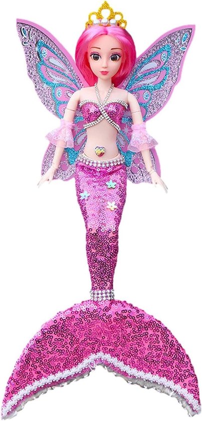 Zeemeermin Prinses Pop - Modepop Speelgoed - Verkleedplezier Spelen - Afneembare Vleugels - 42 Cm - Roze