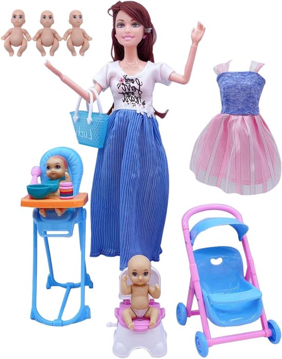 Zwangere pop - Moeder pop - Rollenspel voor kinderen - Baby in de buik - 30 cm - Blauw