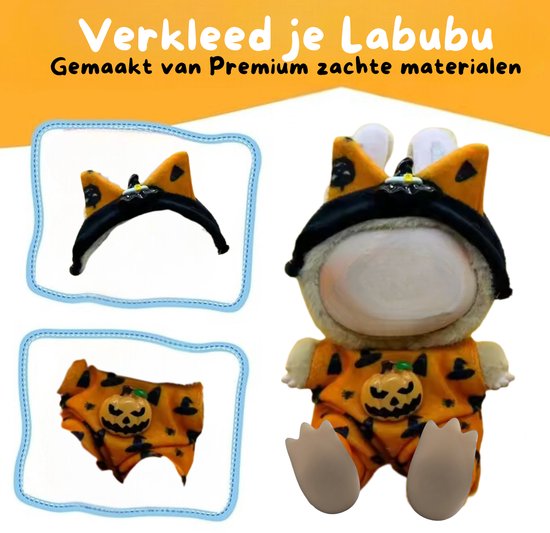 Zwart en Oranje Pompoen Poppenkleding - Met Hoedje en Tuinpakje - Cute and Festive Geschikt voor Labubu van POP MART